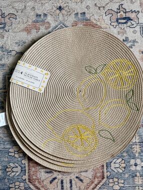 Lemon Embroidered Round Placemats - Natural and Yellow (Set of 4)